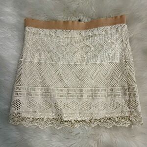 American Eagle Outfitters Cream Crochet Mini Skirt with Tan Waistband